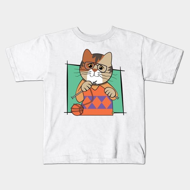 Knitting Calico Kitty Kids T-Shirt by Sue Cervenka